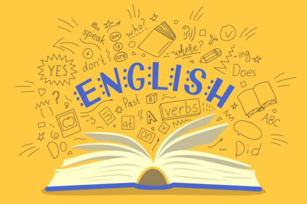 English. Open book with language hand drawn doodles and lettering on yellow background. Education vector illustration.